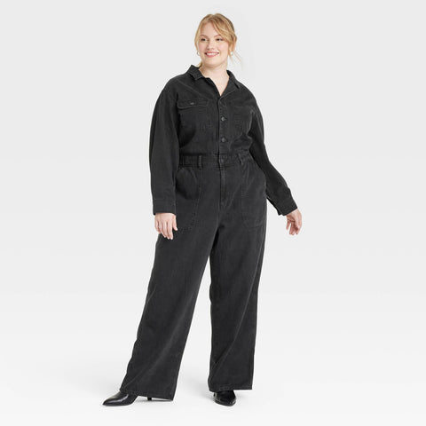 Universal Thread Womens Long Sleeve Utility Baggy Denim Jumpsuit Black 17