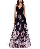 Xscape Womens  Floral Sleeveless V Neck Full-Length Formal Dress XC182 Black 8
