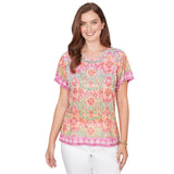 Ruby Rd Damask Print Knit Scoop Neck Short Sleeve Tee Fuschia Pink Multi 1X