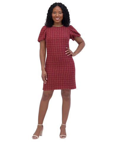 Jessica Howard Womens Petite Tweed Embellished Shift Dress Red / Gold 12P
