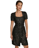 Donna Karan Petite Square-Neck Sequinned Button Down Belted Dress Black 8P