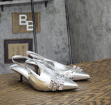 INC International Concepts Slingback Pumps Kitten Heel Silver Crinkle Gray 7.5M