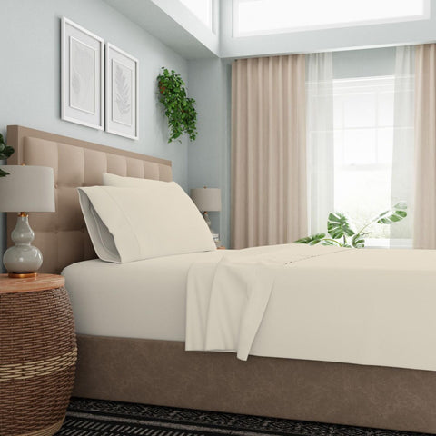 Color Sense 300 Thread Cotton Sateen 4-Piece Sheet Set Ivory Off White Queen