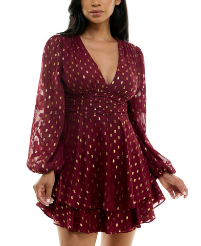 B. Darlin Double Tiered Chiffon Sheer Puff Sleeve Dress Wine Red / Gold 1/2