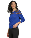 DKNY Women's Mesh Striped Yoke Crewneck Sweater P2JSCA70 Deep Cobalt Blue XL