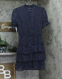 Crystal Doll Printed-Chiffon Short Sleeve Fit Flare Dress Navy Blue / White S