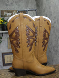 Madden Girl Shaft Faux Leather Stud Pointed Toe Western Boots Natural Brown 8M