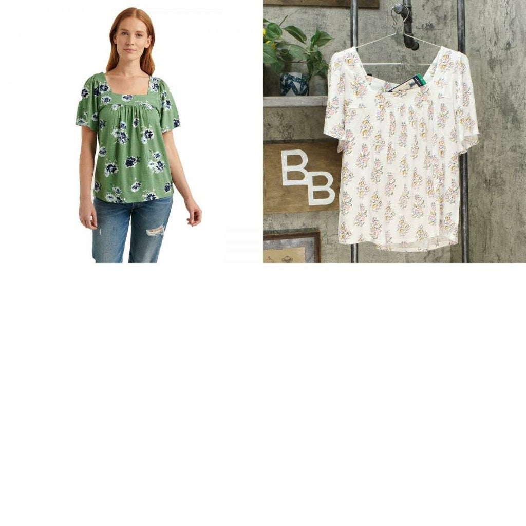 Lucky Brand Women's Square Neck Short Sleeve Shirt, Green Floral