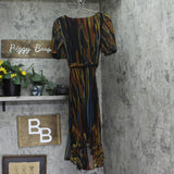Connected Apparel Petite Chiffon Sheath Dress with Ruffle Trim Multi Brown 4P