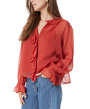 Sam Edelman Jasleen Ruffled Long Sleeve Button Front Top Blouse Red Orange S