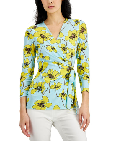 Anne Klein Womens Petite Side-Tie Knit Top Blue Multi PXS