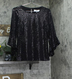 Kasper Womens Shine Sequin Ruffle Sleeve Top Blouse 10915717 Black S