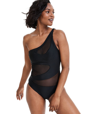 Bar III Womens One-Shoulder Mesh Cutout Swimsuit MBNB24232 Black S