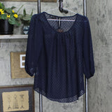 AB Studio Womens Lined Sheer Woven Textured Blouse Shirt Top Navy Blue S