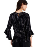 Kasper Womens Shine Sequin Ruffle Sleeve Top Blouse 10915717 Black S