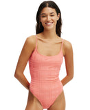 Cotton On Womens Thin-Strap Low-Scoop One Piece Swimsuit Shell Pink Jacquard L