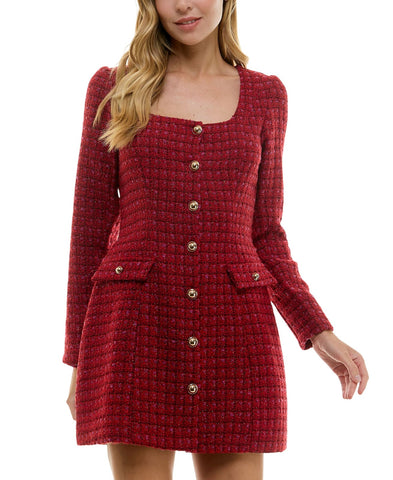City Studios Juniors Herringbone Tweed Mini Dress 1921YT1BT1 Red Lilac 9/10