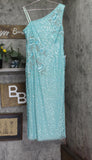 Adrianna Papell One Shoulder Side Slit Dress Gown Aqua Luster Blue 14