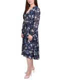 Ny Collection Womens Long Sleeve Clip Dot Chiffon Dress Blue Floral S
