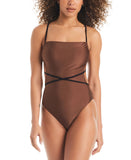 Sanctuary Twice As Nice Wrap Tie One Piece Swimsuit Black / Chocolate Brown S