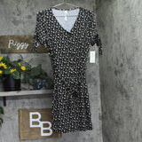 Ny Collection Womens Short Sleeve V-Neck Mini Dress Belted Knit Black Multi M