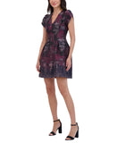 Vince Camuto Womens Jacquard Fit & Flare Puff-Sleeve Dress Wine Red Multi 16