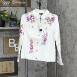 DG2  by Diane Gilman Womens Painted Floral Denim Trucker Jacket Ivory White M