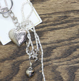 Key Ring Heart Locket Charms Beaded Bow Bag Charm Silver Gray / White 6.5"