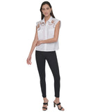 DKNY Womens Cotton Sleeveless Ladder-Trim Blouse Button Up Crochet White XL