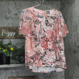 Ny Collection Studded Neckline Chiffon Sleeve Poncho Top Coral Paisley Pink XL