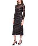 Cece Womens Metallic Lace-Over Long-Sleeve Midi Dress Black XS