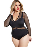 Nina Parker Mesh Panel Long Sleeve Bodysuit 621-CSBS178W Anthracite Black 3X