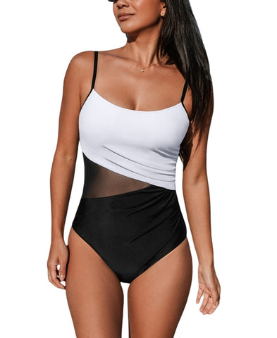 Cupshe Scoop Neck Cutout Back Hook Mesh One Piece Swimsuit Black / White M