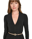 Tommy Hilfiger Pleated V Neck Long Sleeve Belted Fit Flare Midi Dress Black 2