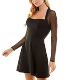 City Studio Juniors Sheer Long Sleeve Mesh Fit Flare Skater Dress Black 0