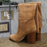 Michael Michael Kors Leigh Ruched High Block Heel Suede Boots Luggage Brown 11M
