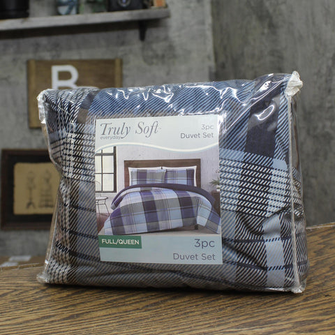 Truly Soft Trey Plaid Polyester 3-Piece Duvet Set Multicolor Blue Full/Queen