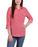 Ny Collection Womens 3/4 Roll Tab Shirt with Pockets Red Multi XL