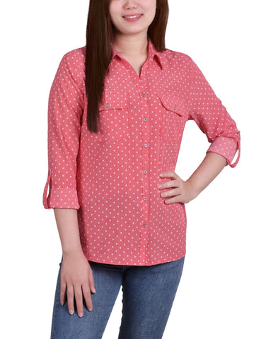 Ny Collection Womens 3/4 Roll Tab Shirt with Pockets Red Multi XL