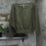 Free People Fringe Pullover Cropped Sweater Cotton Dolman Sleeve Green XS