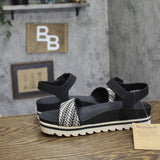 Bearpaw Platform Woven Raffia Buckle Open Toe Slingback Sandals Black / White 9M