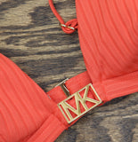 Michael Michael Kors Ribbed Hardware V-Neck Bikini Top Sangria Red Orange M