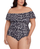 Swim Solutions Off-The Shoulder One Piece Swim Leaping Leopards Black Multi 18W