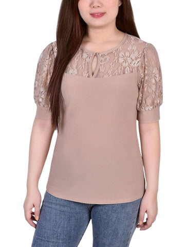 Ny Collection Womens Petites Keyhole Lace Trim Blouse Shirt Top Doeskin Brown PL