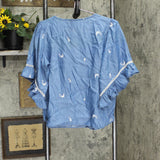 Womens Lightweight Denim Bell Sleeve Blouse Shirt Top Blue See Measurements