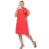White Mark Short Sleeve V-Neck Tiered Ruffle Hem Knit Dress PS3880-04/3X Red 3X