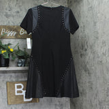 DKNY Womens Short Sleeve Leather Detail Flare Sheath Dress DD3J1489 Black 10