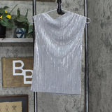Calvin Klein Womens Sleeveless Pleated Metallic Top M2XHM865 Silver Gray XS