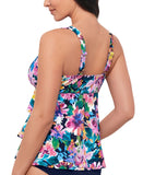 Swim Solutions Garden Swan Triple-Tiered Tankini Swim Top Navy Multi Blue 10