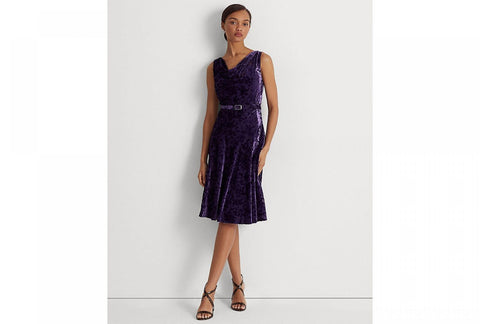 Lauren Ralph Lauren Women's Floral Velvet Belted Cocktail Dress Purple 2